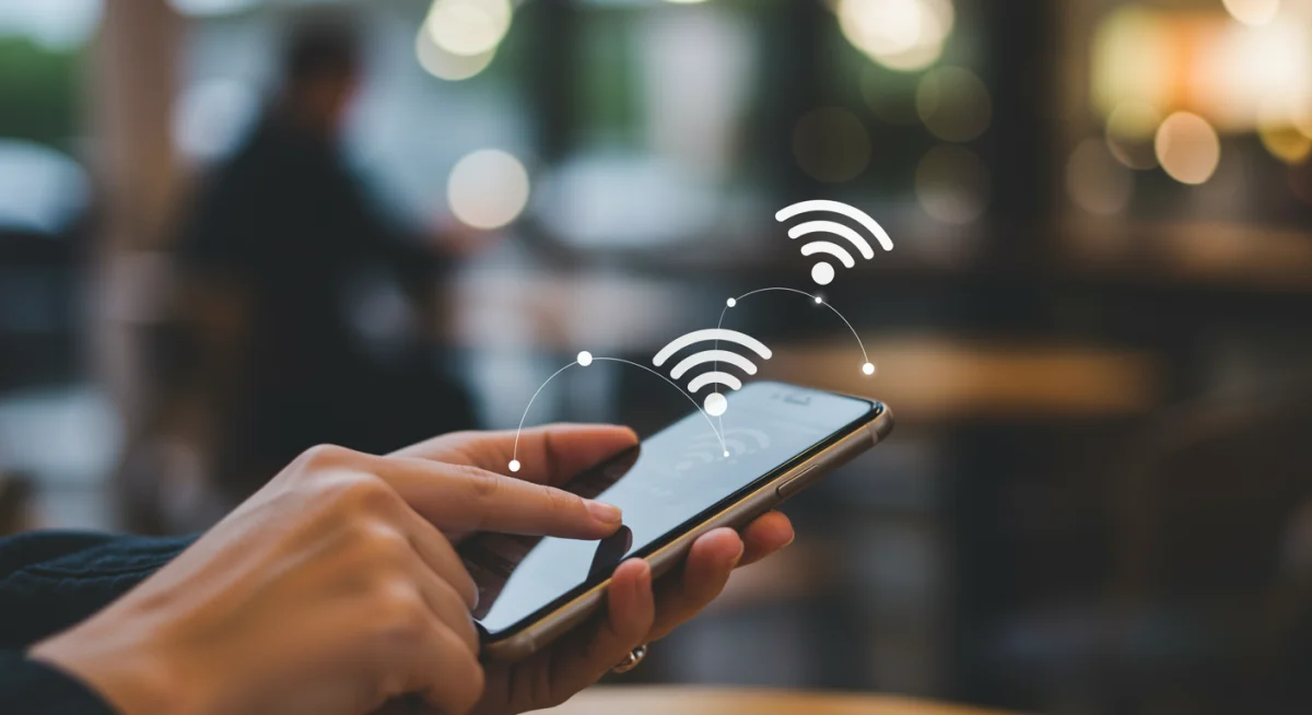 Pessoa utilizando iPhone conectado a uma rede Wi-Fi em um café, ilustrando o uso de Wi-Fi para economizar dados móveis.
