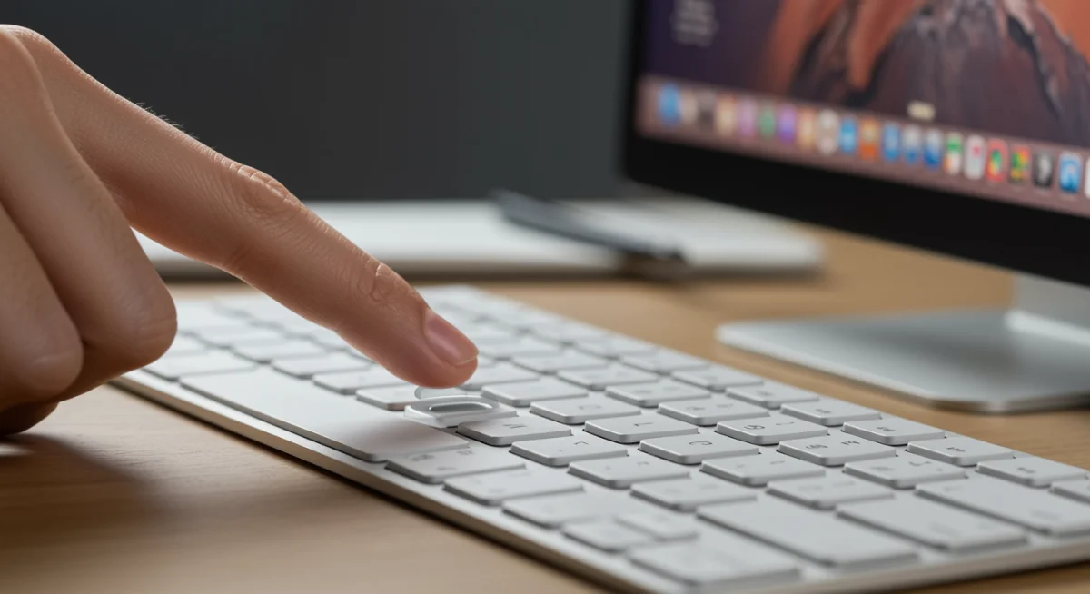 Mão de usuário ativando o Touch ID no Magic Keyboard para desbloquear o Mac.