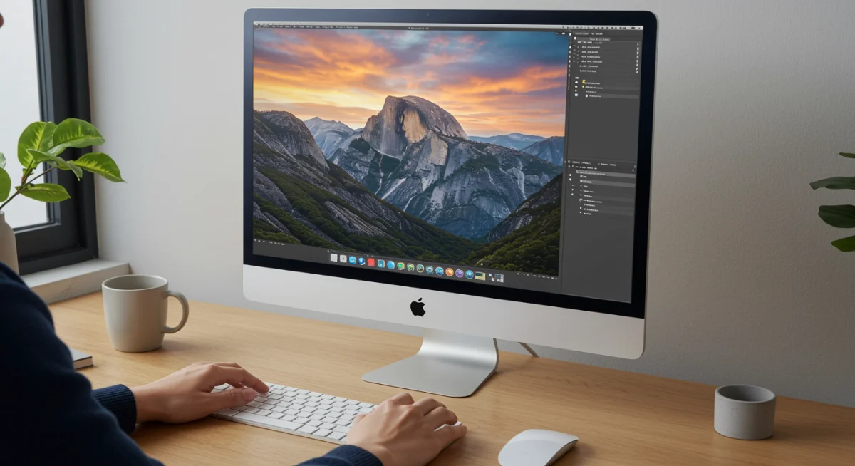 Usuário trabalhando em ambiente criativo com o novo iMac 2025 de 32 polegadas