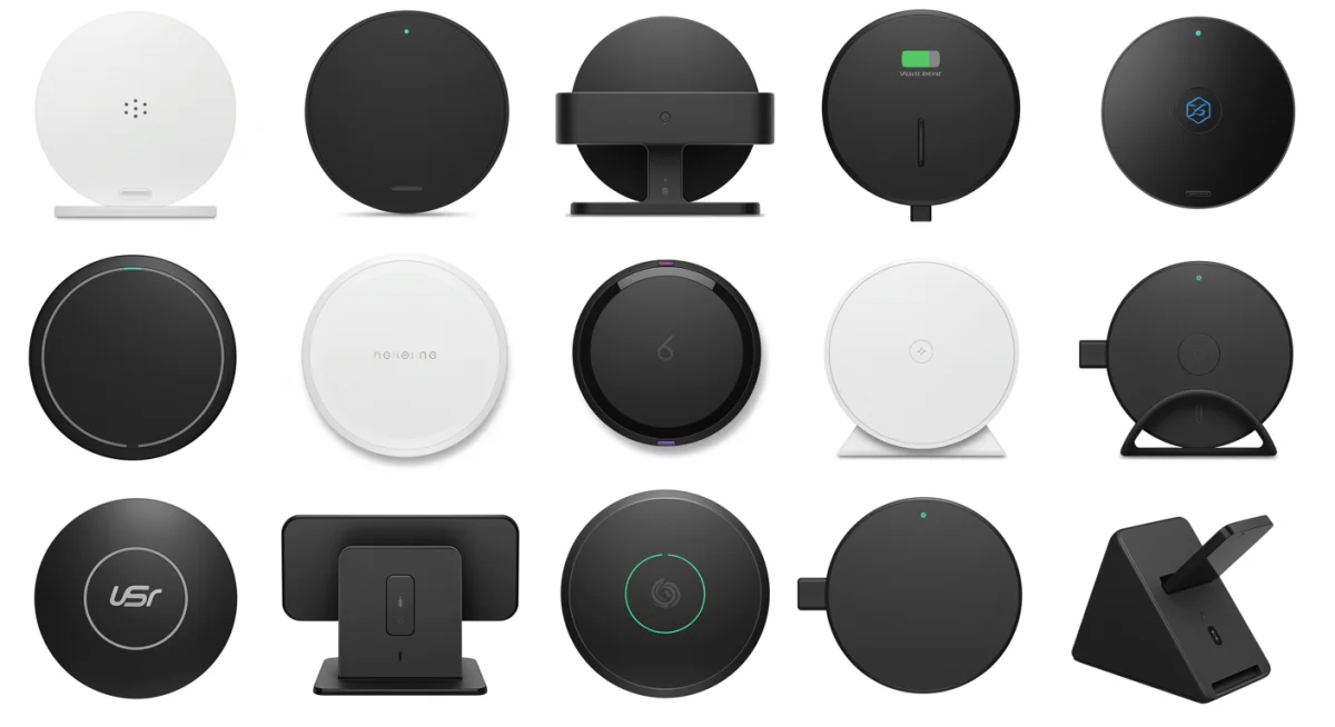 Diversos modelos de carregadores sem fio de diferentes marcas e designs, exemplificando a variedade disponível no mercado.