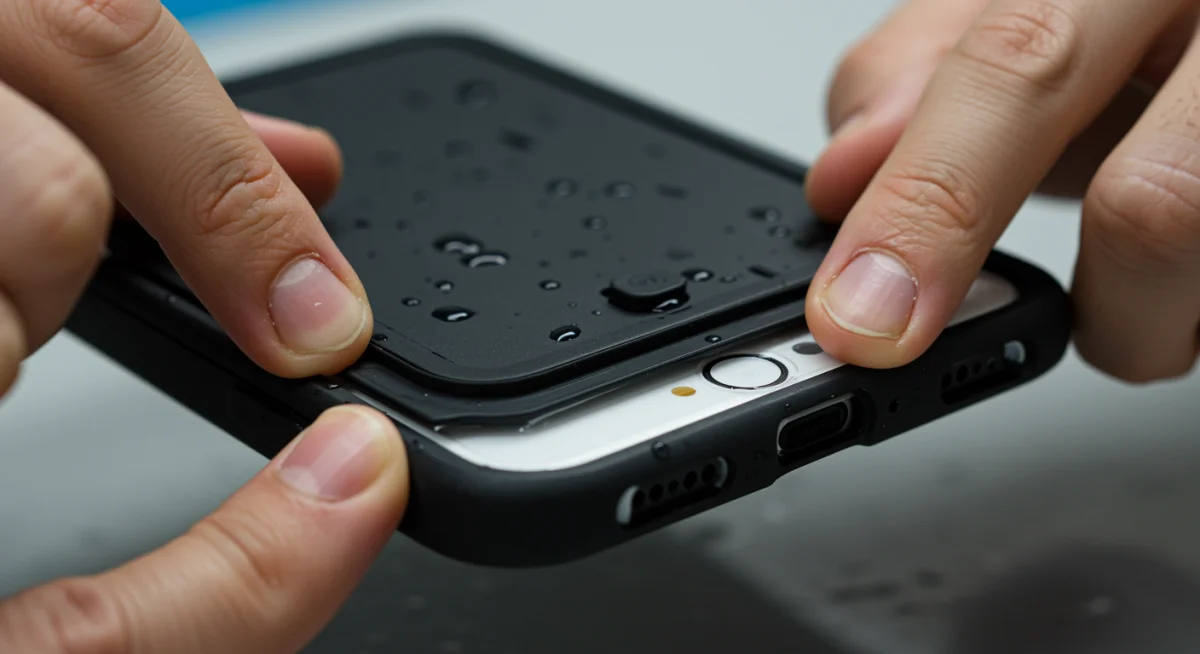 Detalhe do mecanismo de vedação de um case à prova d'água para iPhone