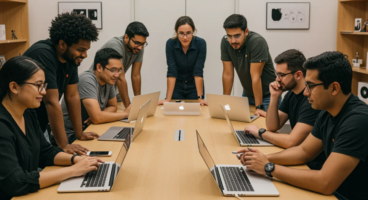 Participantes engajados em um workshop da Apple na nova loja, aprendendo sobre produtos e software.